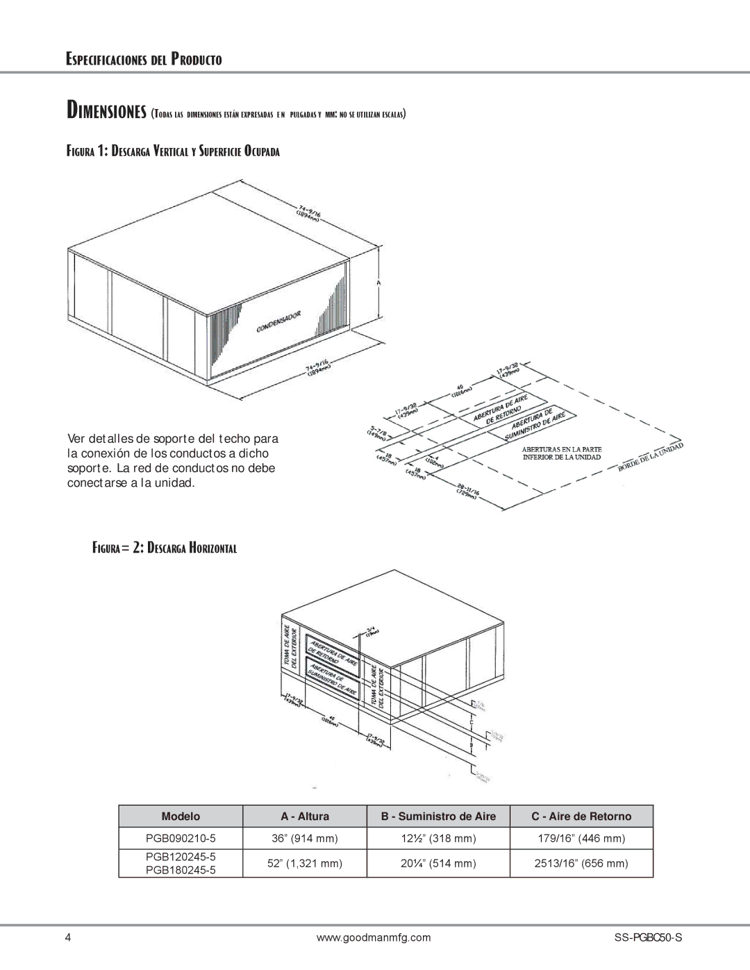 Goodman Mfg SS-PGBC50 manual Figura 1 Descarga Vertical Y Superficie Ocupada 