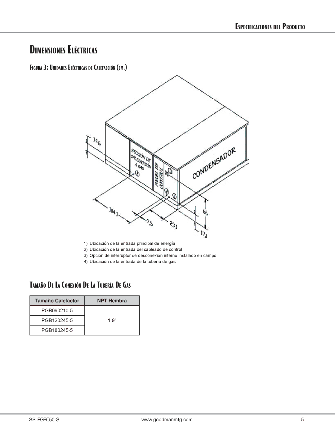 Goodman Mfg SS-PGBC50 manual Dimensiones Eléctricas, Tamaño DE LA Conexión DE LA Tubería DE GAS 