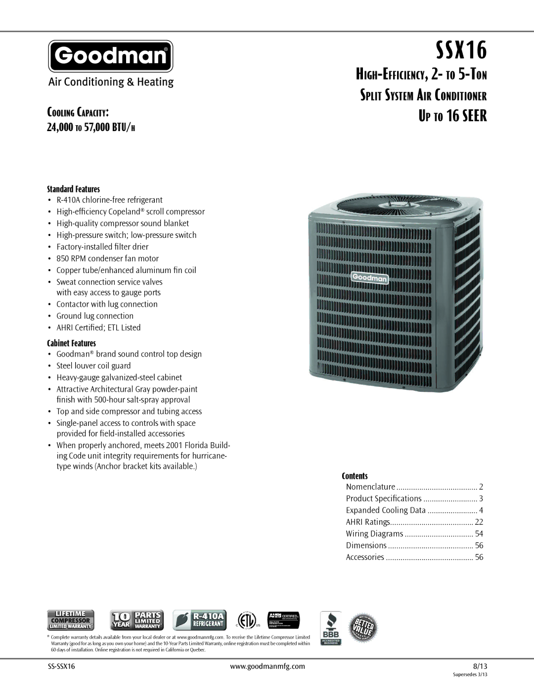 Goodman Mfg goodman High-Efficiency, 2- to 5-Ton Split System Air Conditioner, SS-SSX16 dimensions 