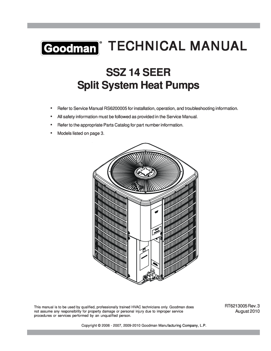 Goodman Mfg service manual SSZ 14 SEER Split System Heat Pumps, Technical Manual 