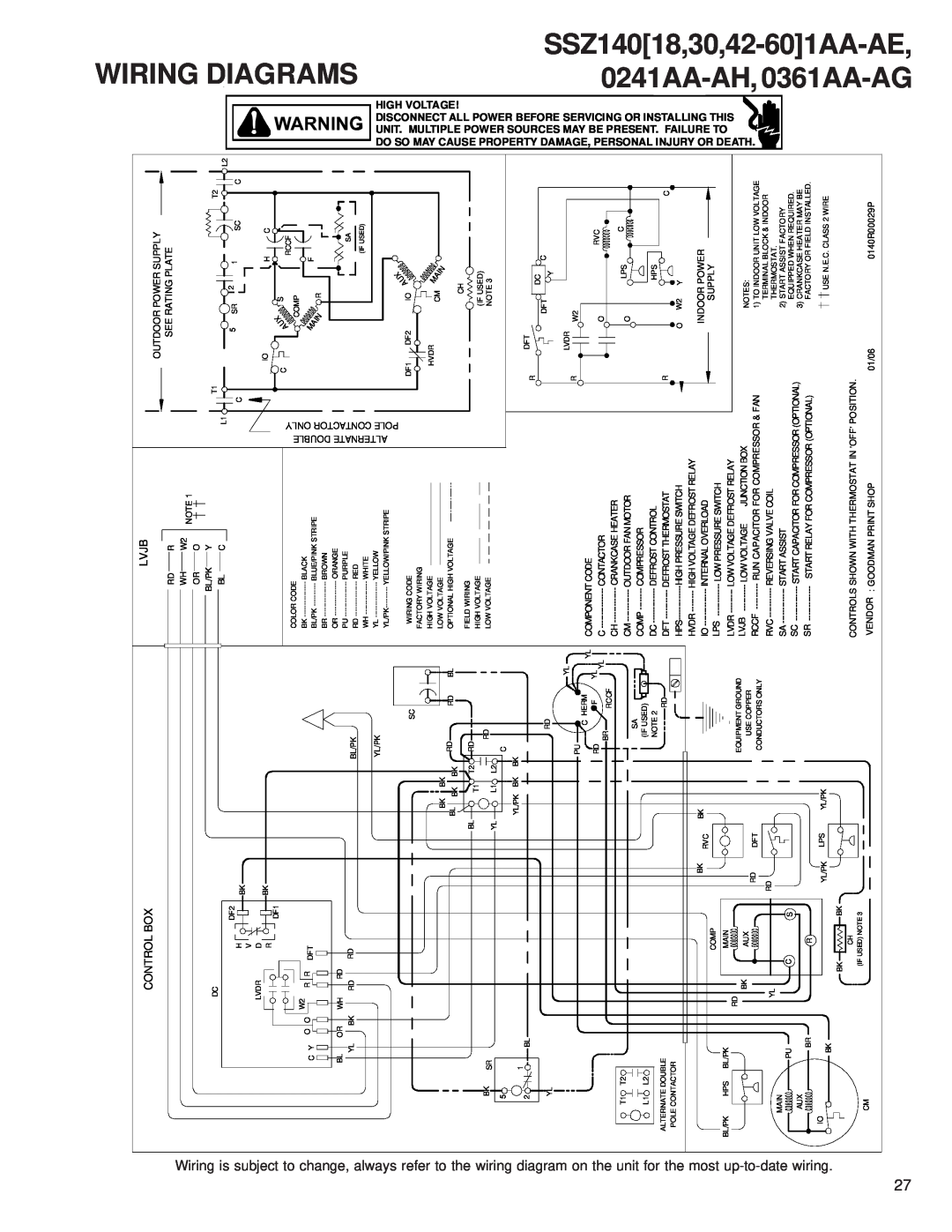 Goodman Mfg SSZ 14 SEER service manual Wiring, SSZ14018,30,42-601AA-AE, 0241AA-AH, 0361AA-AG, to change, always 