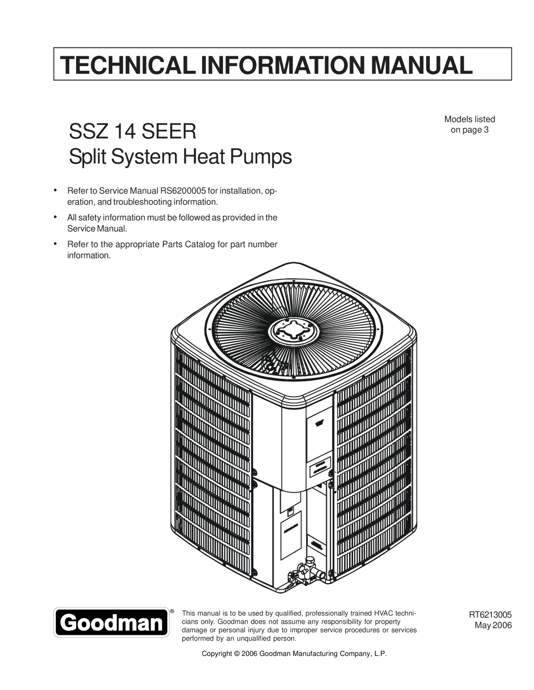 Goodman Mfg SSZ140181A service manual Technical Information Manual 