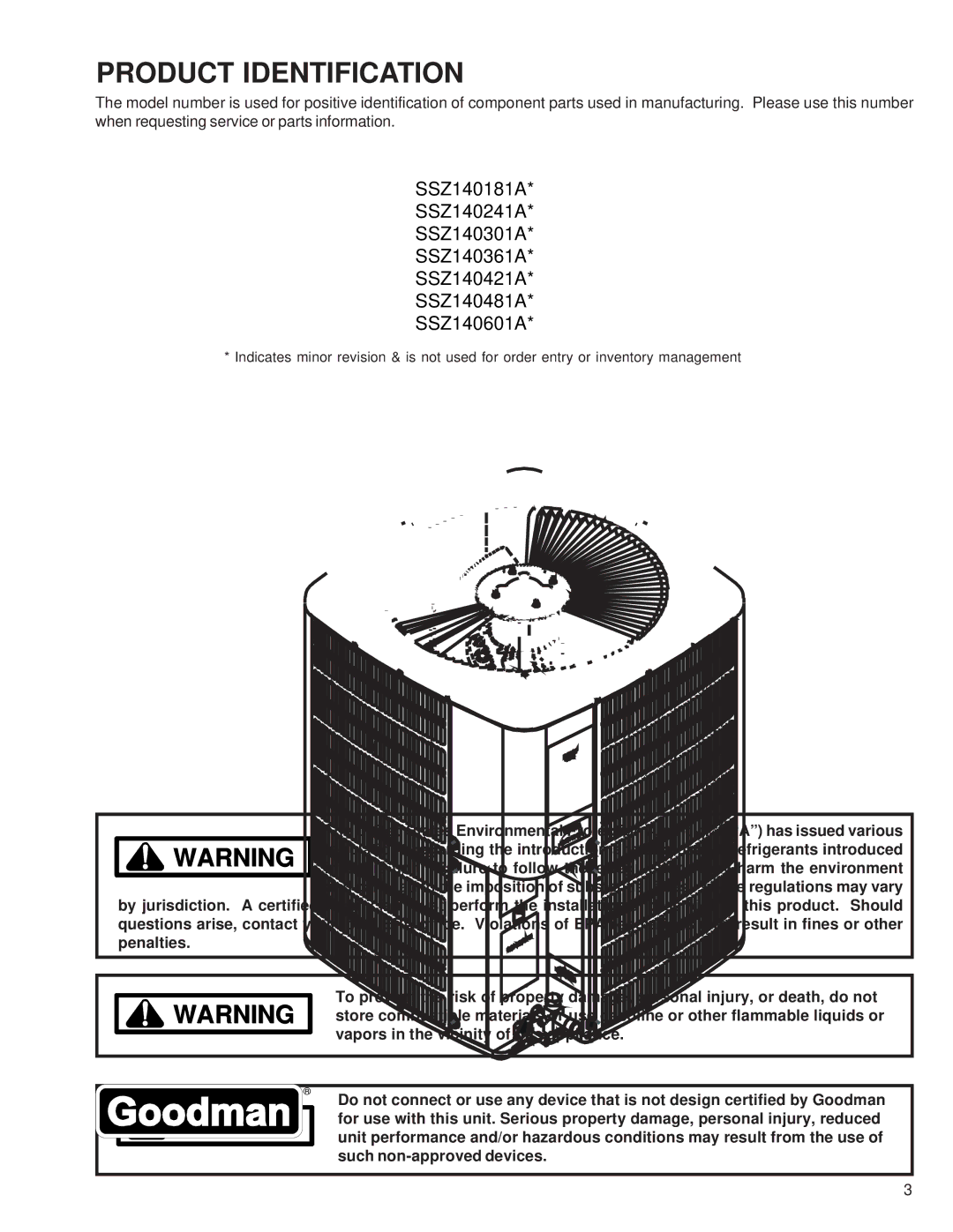 Goodman Mfg SSZ140181A service manual Product Identification 