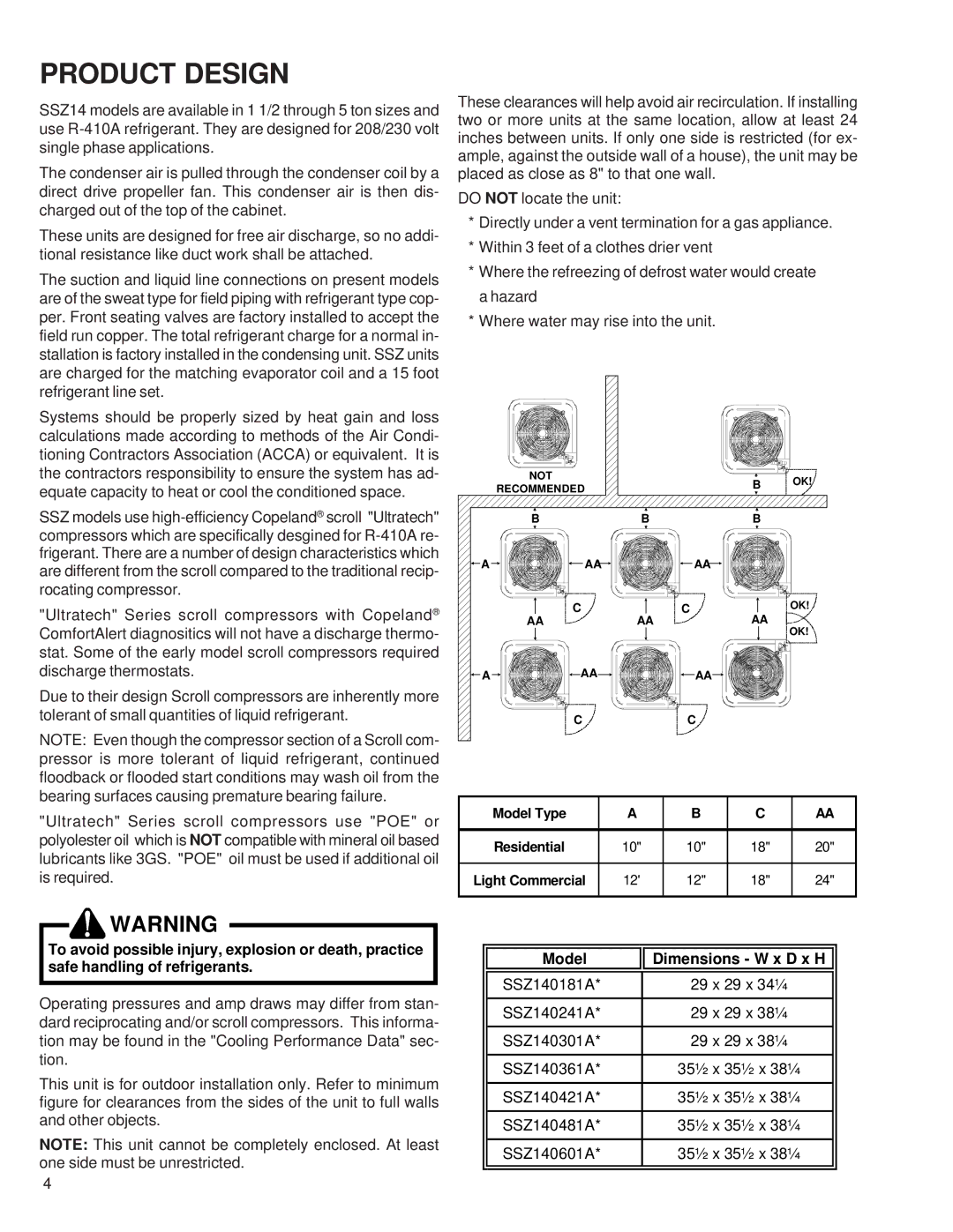 Goodman Mfg SSZ140181A service manual Product Design, Aa Aa, Light Commercial 