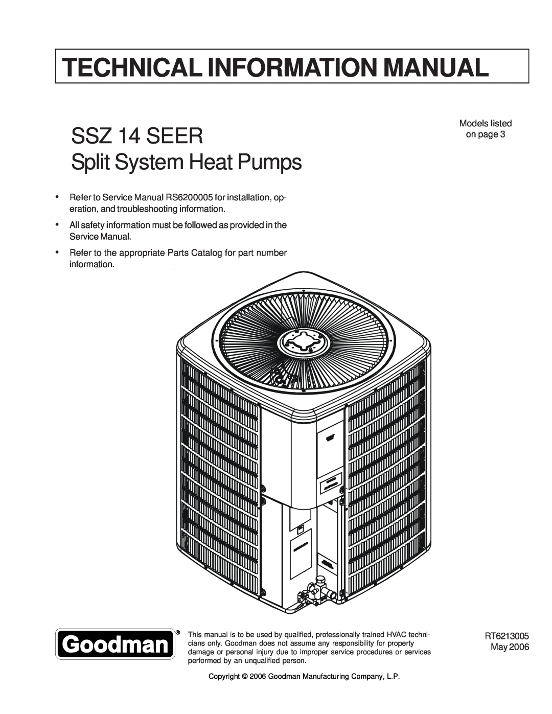 Goodman Mfg SSZ140181A service manual Technical Information Manual, SSZ 14 SEER Split System Heat Pumps 