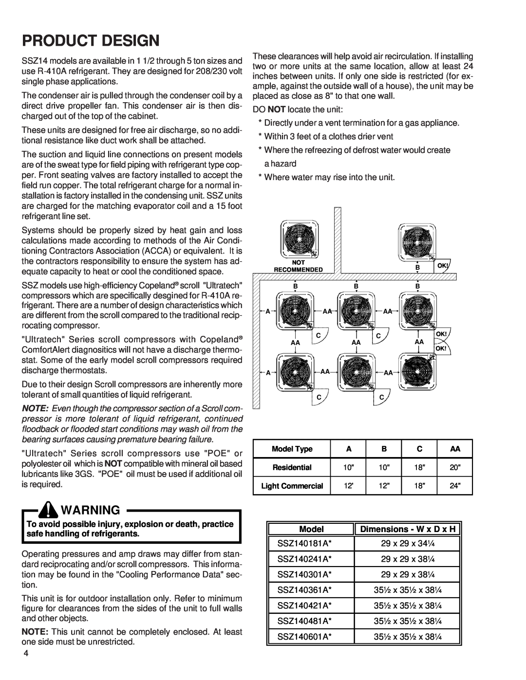 Goodman Mfg SSZ140181A service manual Product Design, Model, Dimensions - W x D x H 
