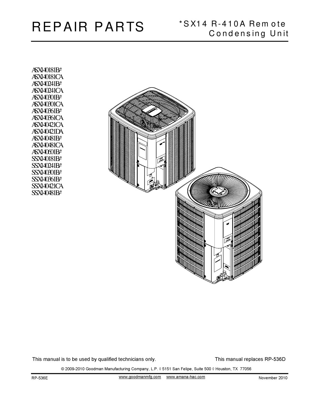 Goodman Mfg SX14 R-410A manual Repair Parts 