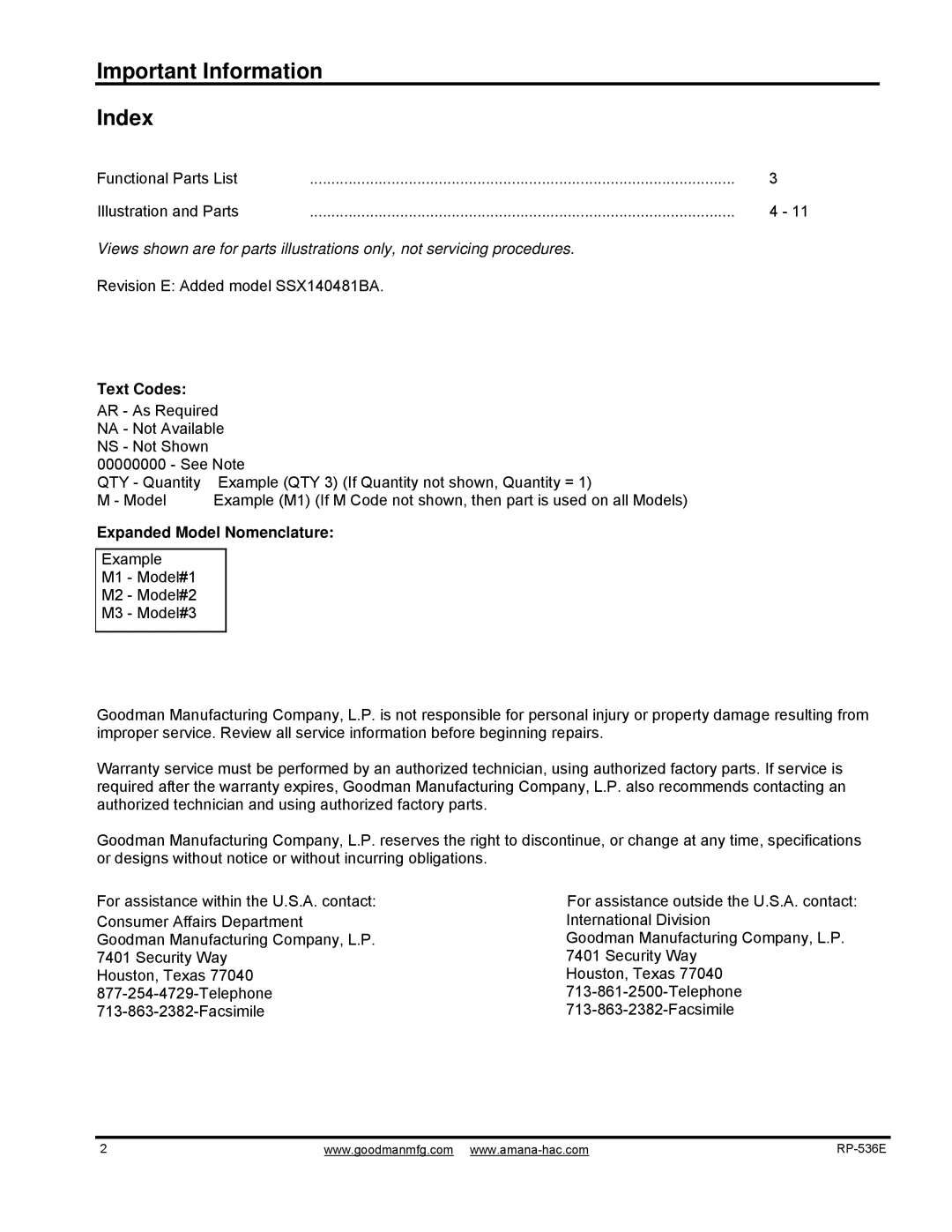 Goodman Mfg SX14 R-410A manual Text Codes, Expanded Model Nomenclature, International Division 