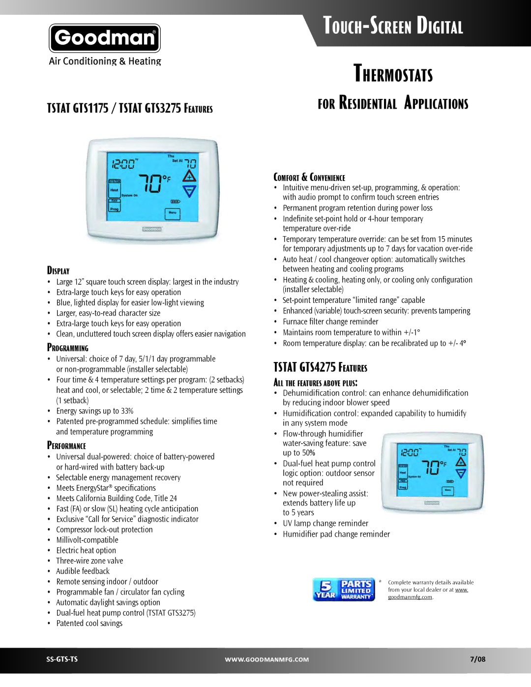 Goodman Mfg TSTAT GTS1175 warranty Tstat GTS4275 Features, Large 12 square touch screen display largest in the industry 