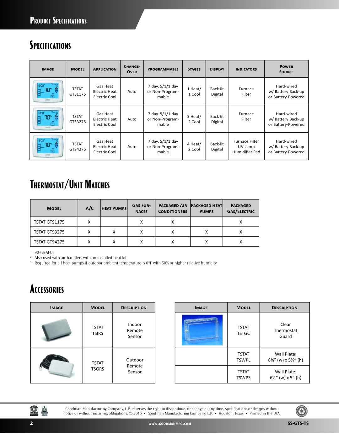 Goodman Mfg TSTAT GTS3275, TSTAT GTS1175 warranty Specifications, Thermostat/Unit Matches, Accessories 