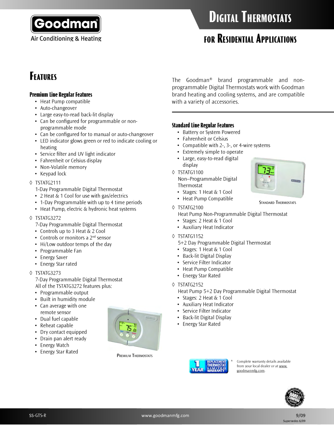 Goodman Mfg TSTAT GTS1175, TSTAT GTS3275 warranty Premium Line Regular Features 