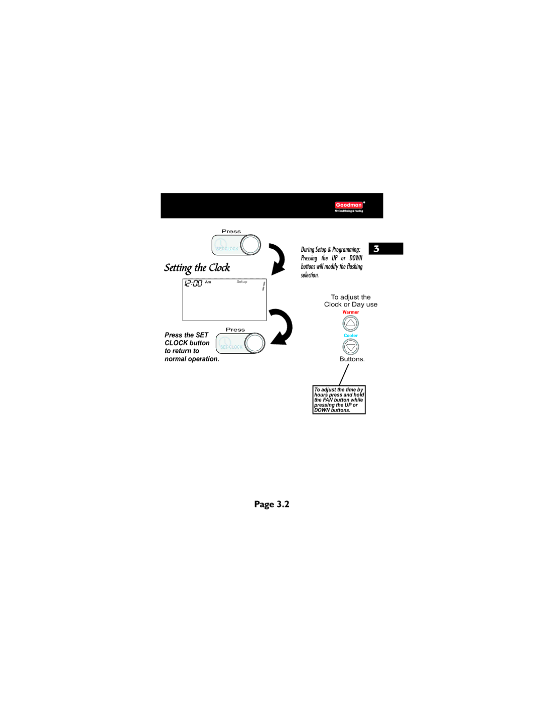 Goodman Mfg TSTATG2111 owner manual Setting the Clock 