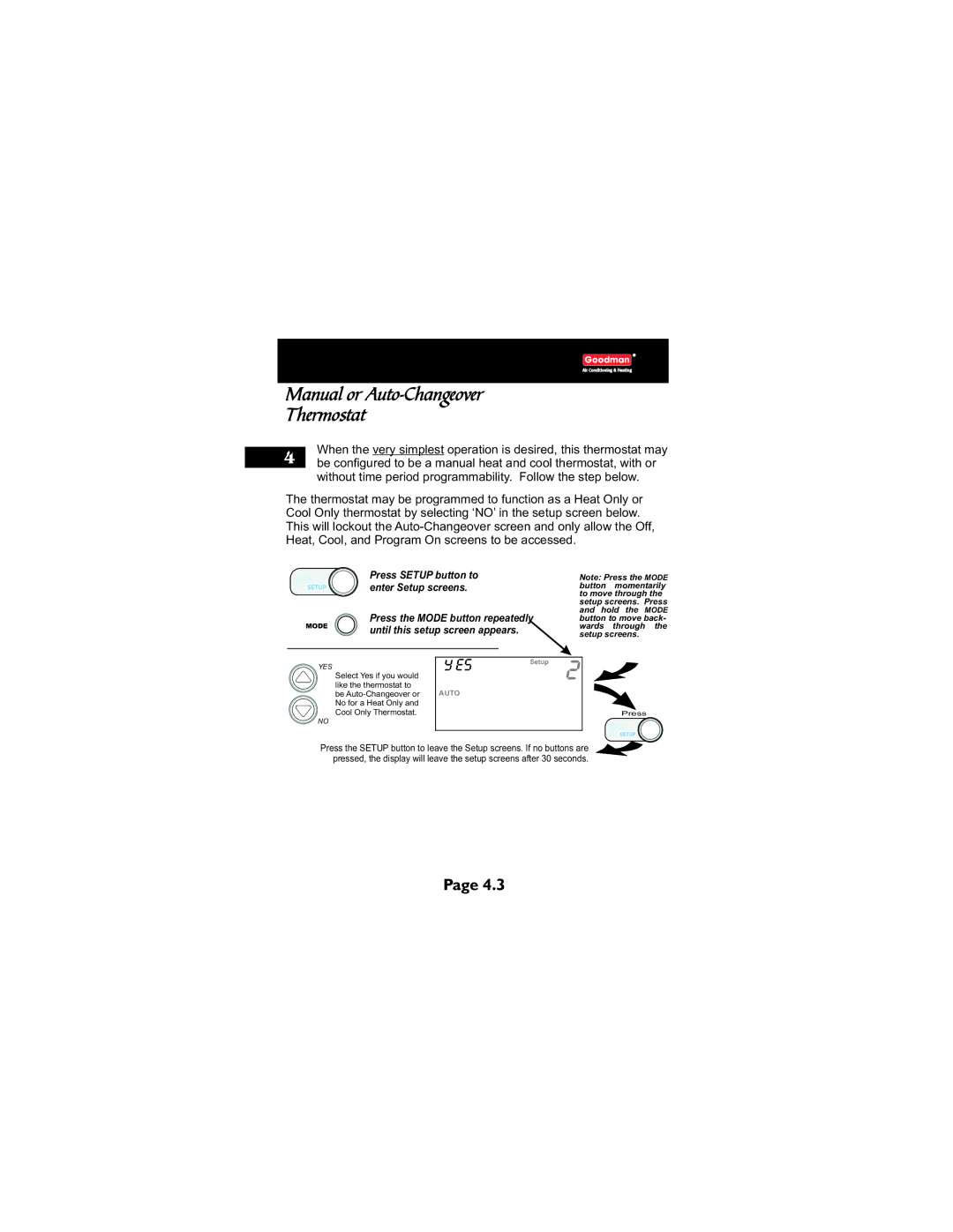 Goodman Mfg TSTATG2111 owner manual Manual or Auto-Changeover Thermostat 