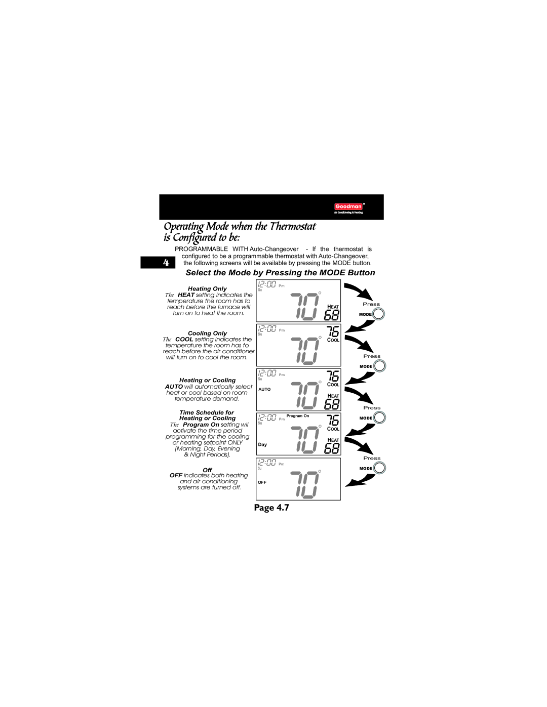 Goodman Mfg TSTATG2111 owner manual Programmable with Auto-Changeover If the thermostat is 