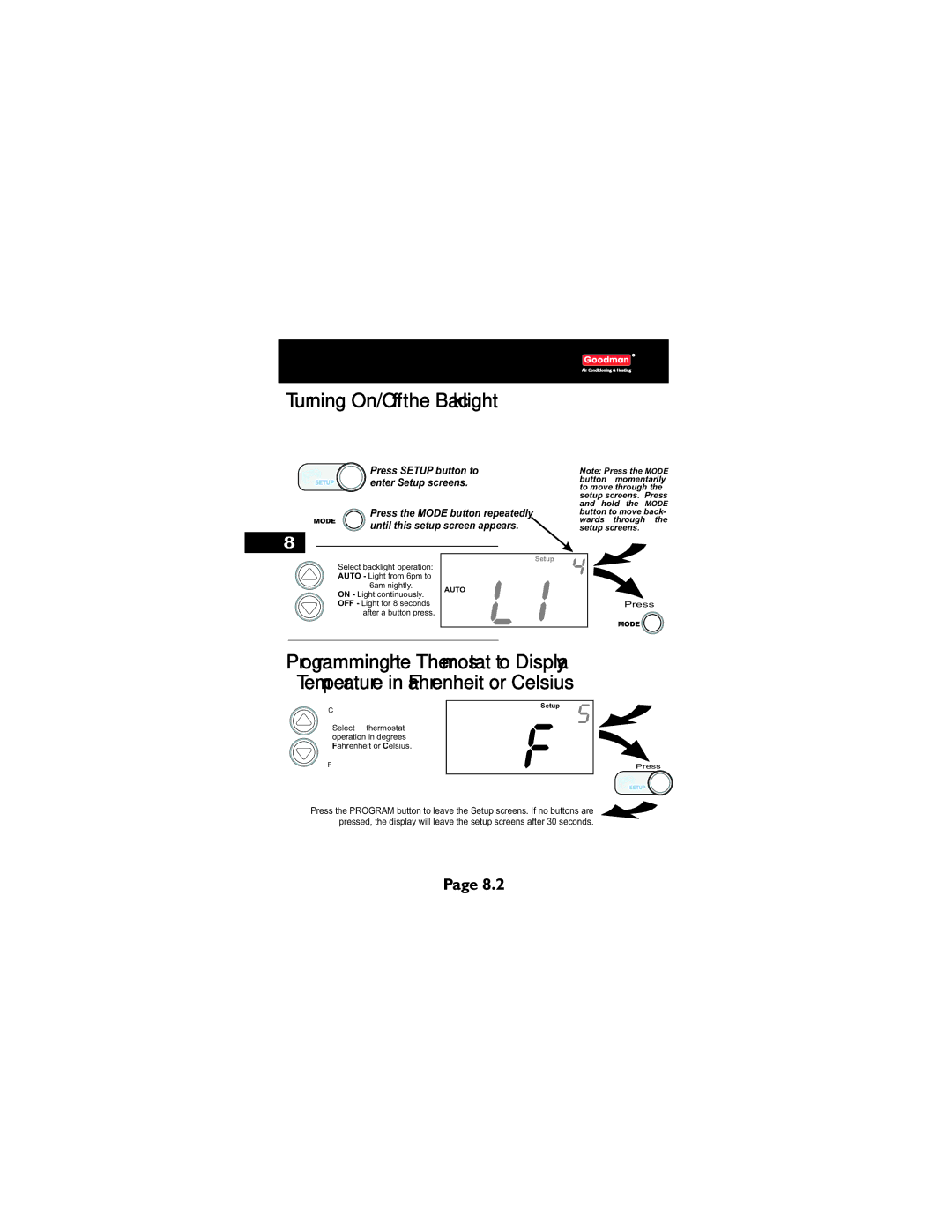 Goodman Mfg TSTATG2111 owner manual Turning On/Off the Backlight 