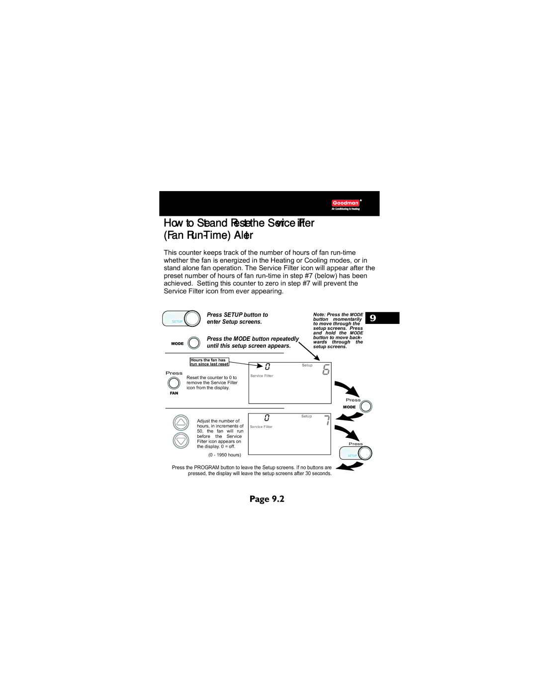 Goodman Mfg TSTATG2111 owner manual How to Set and Reset the Service Filter Fan Run-Time Alert 