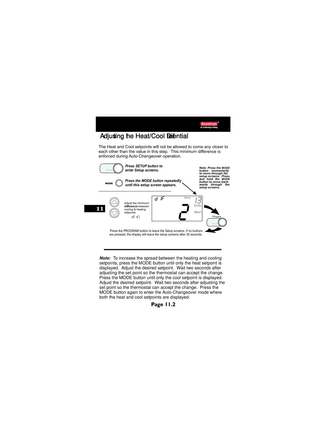 Goodman Mfg TSTATG2111 owner manual Adjusting the Heat/Cool Differential 