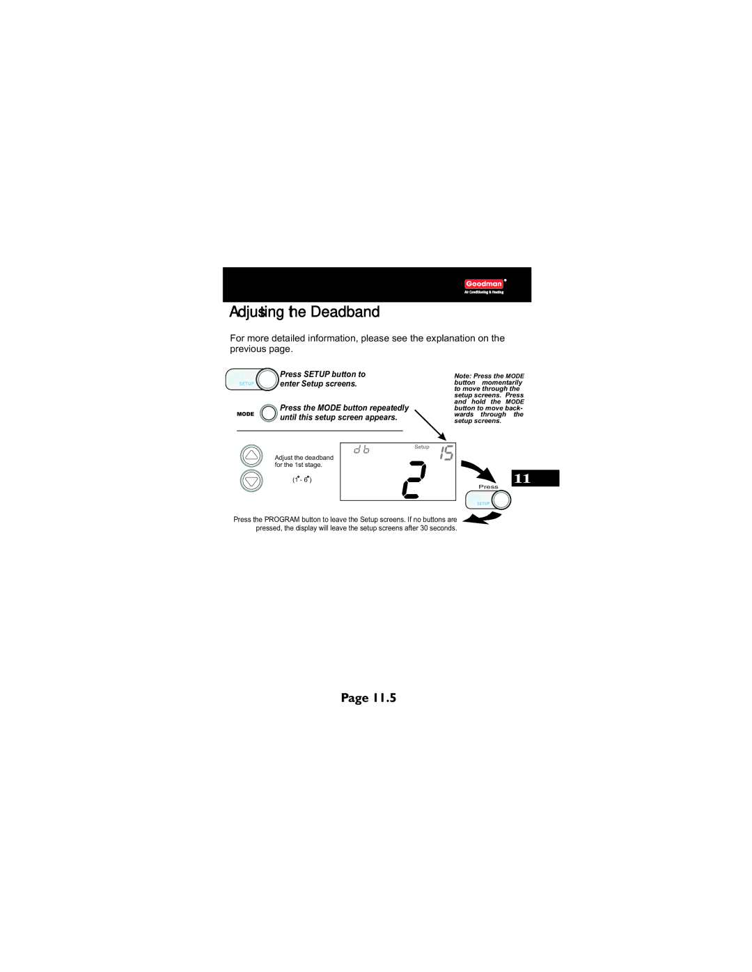 Goodman Mfg TSTATG2111 owner manual Adjust the deadband for the 1st stage 