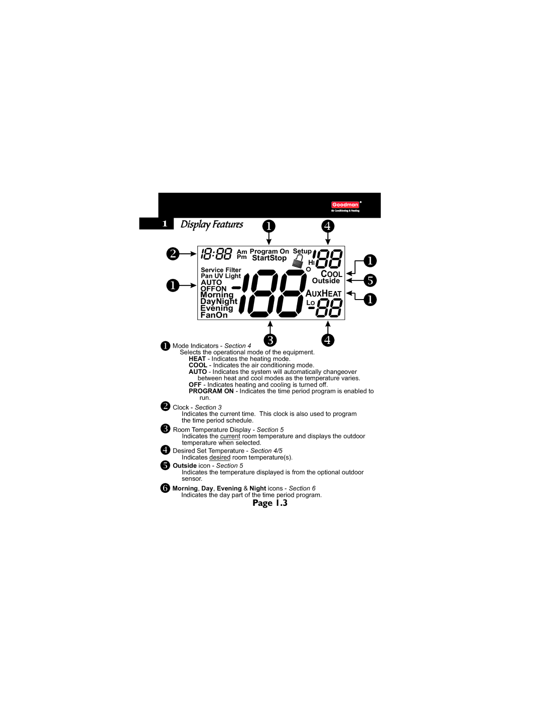 Goodman Mfg TSTATG2111 owner manual Display Features, Cool 