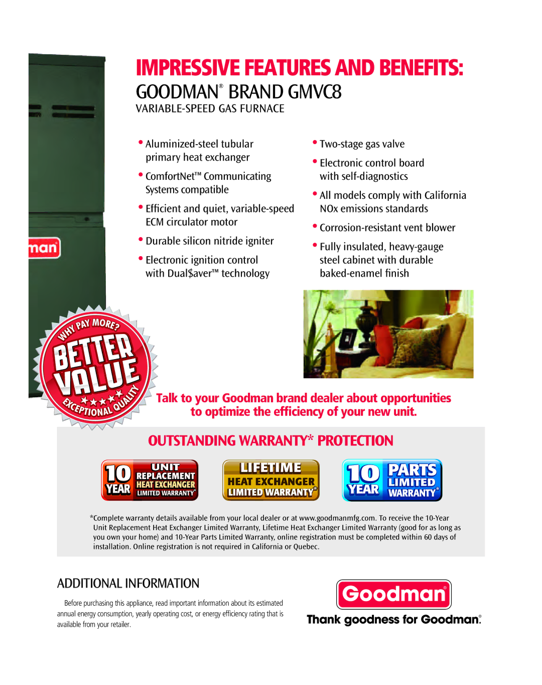 Goodman Mfg Variable-Speed Gas Furnace manual Goodman Brand GMVC8, Additional Information 