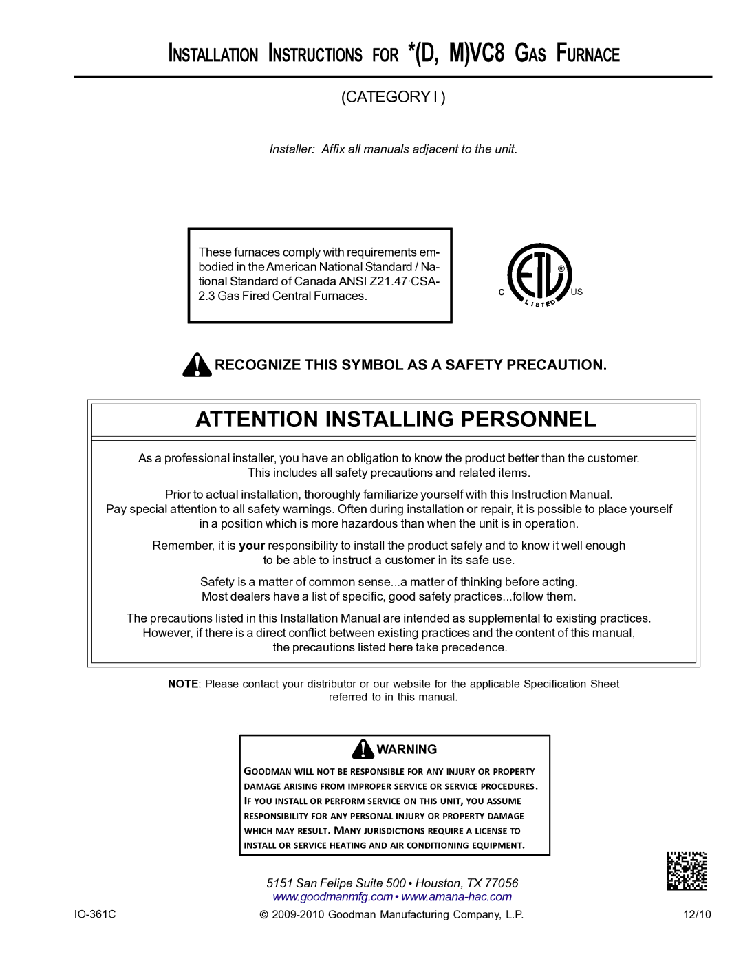 Goodman Mfg instruction manual Installation Instructions for *D, MVC8 GAS Furnace 