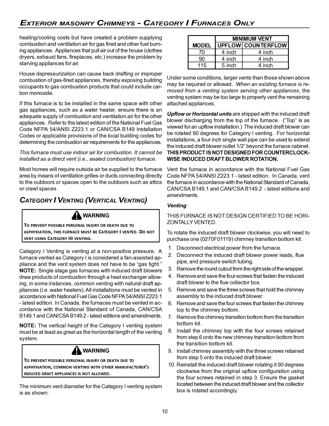 Goodman Mfg VC8 instruction manual Exterior Masonry Chimneys Category I Furnaces only, Category I Venting Vertical Venting 