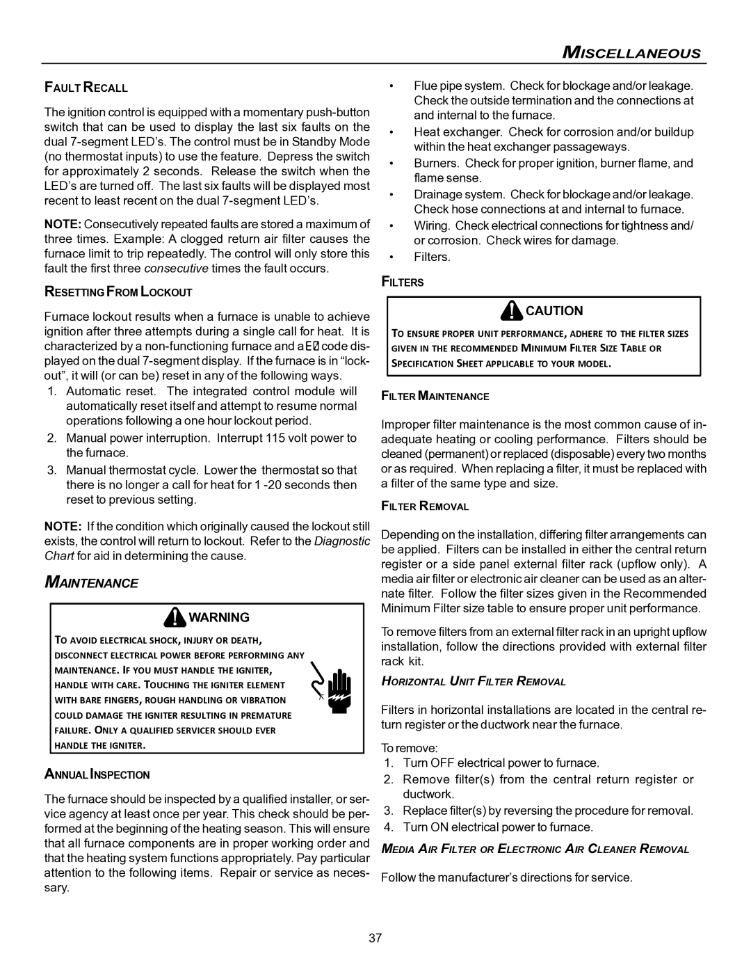 Goodman Mfg VC8 instruction manual Miscellaneous, Maintenance 