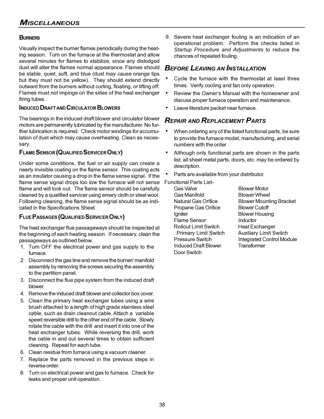 Goodman Mfg VC8 instruction manual Before Leaving AN Installation, Repair and Replacement Parts 