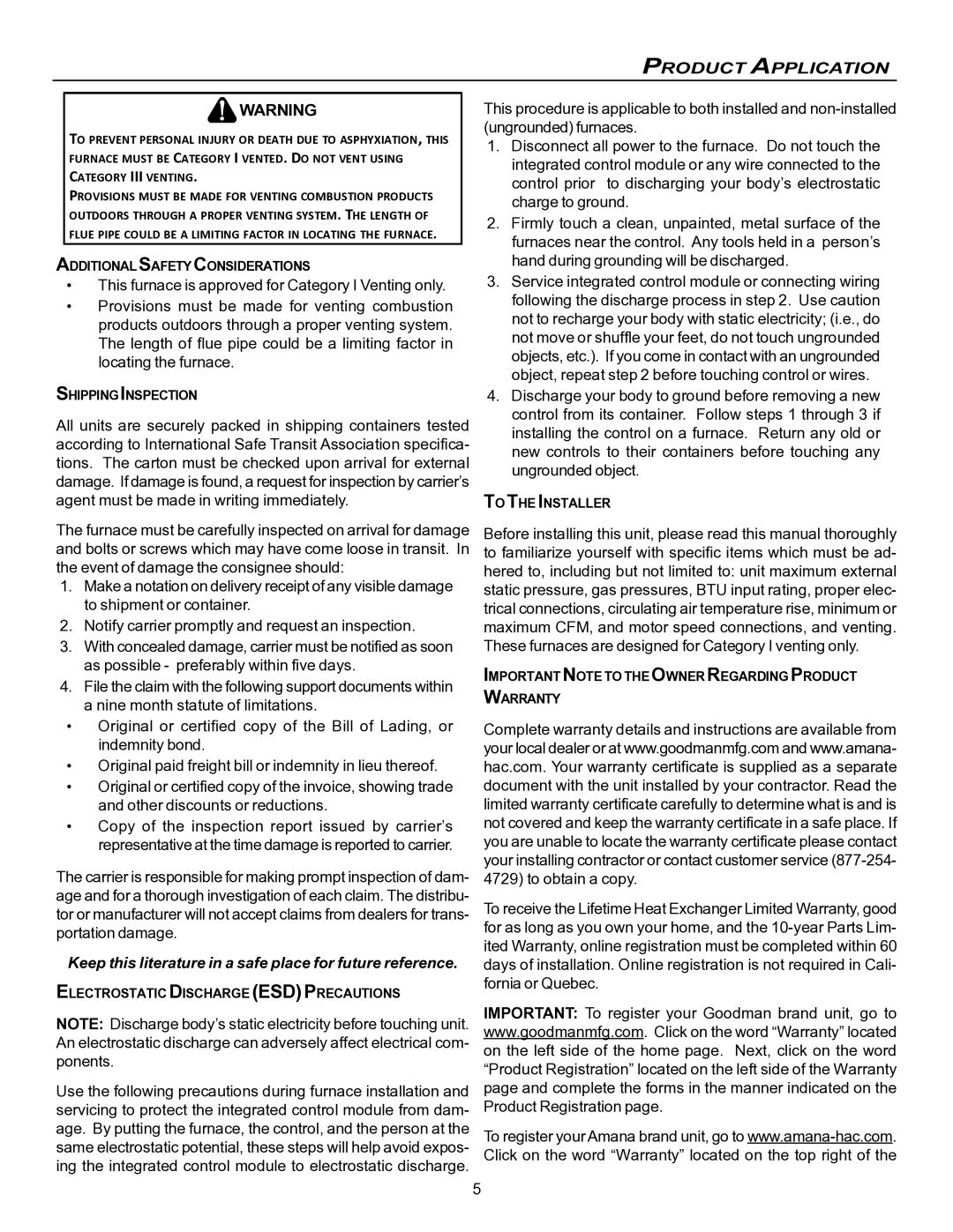 Goodman Mfg VC8 instruction manual Product Application, Keep this literature in a safe place for future reference 