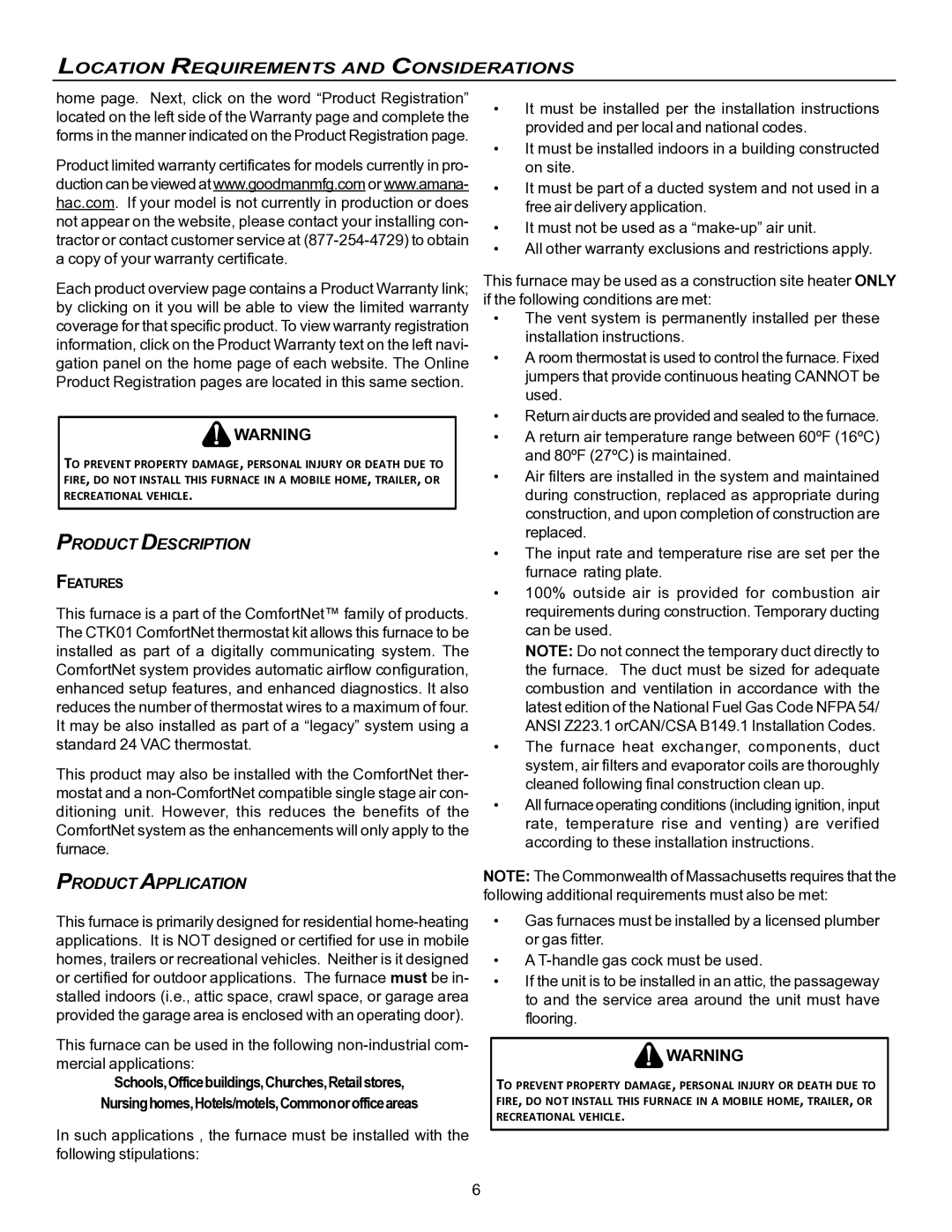 Goodman Mfg VC8 instruction manual Location Requirements and Considerations, Product Description 