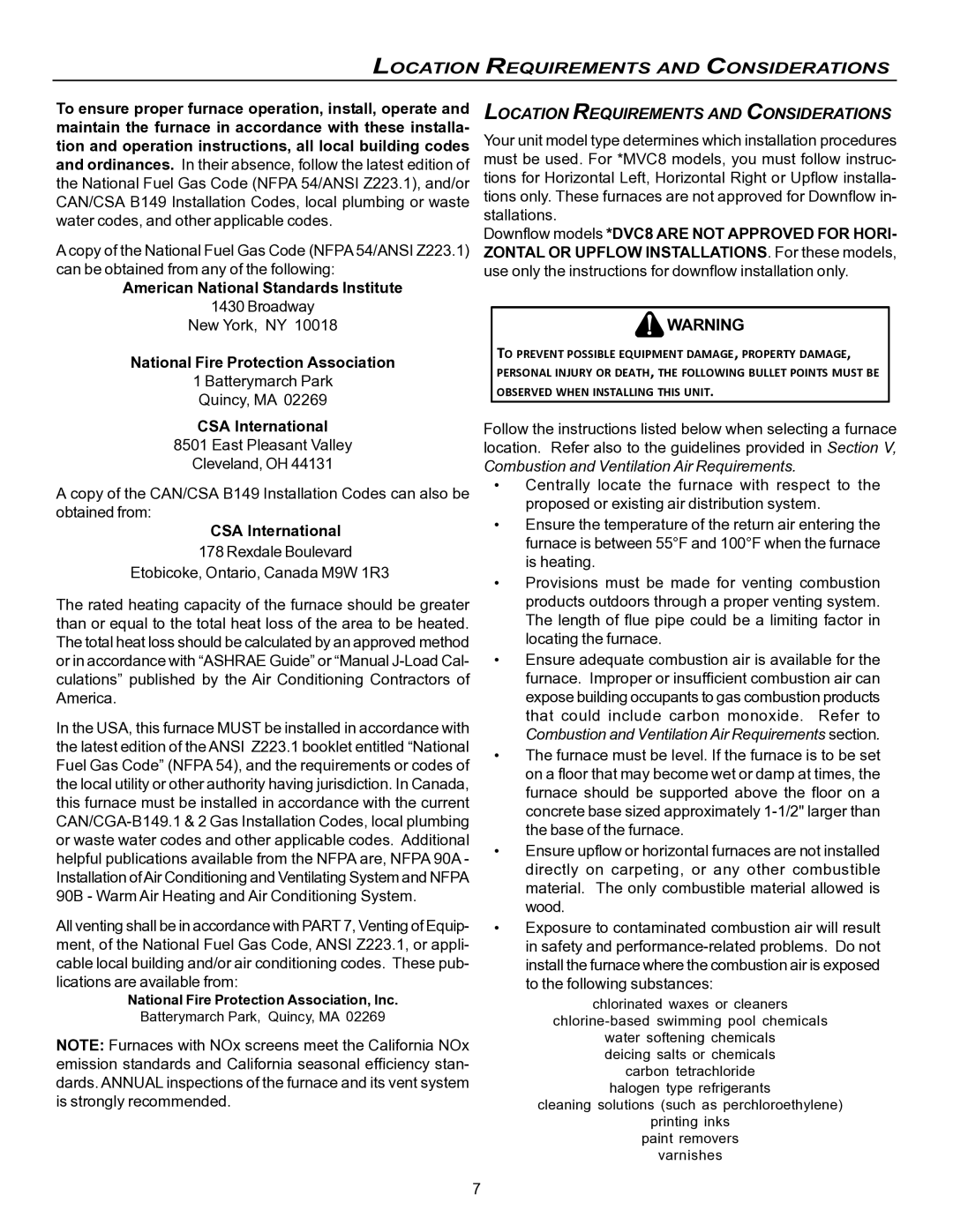 Goodman Mfg VC8 instruction manual CSA International, National Fire Protection Association, Inc 