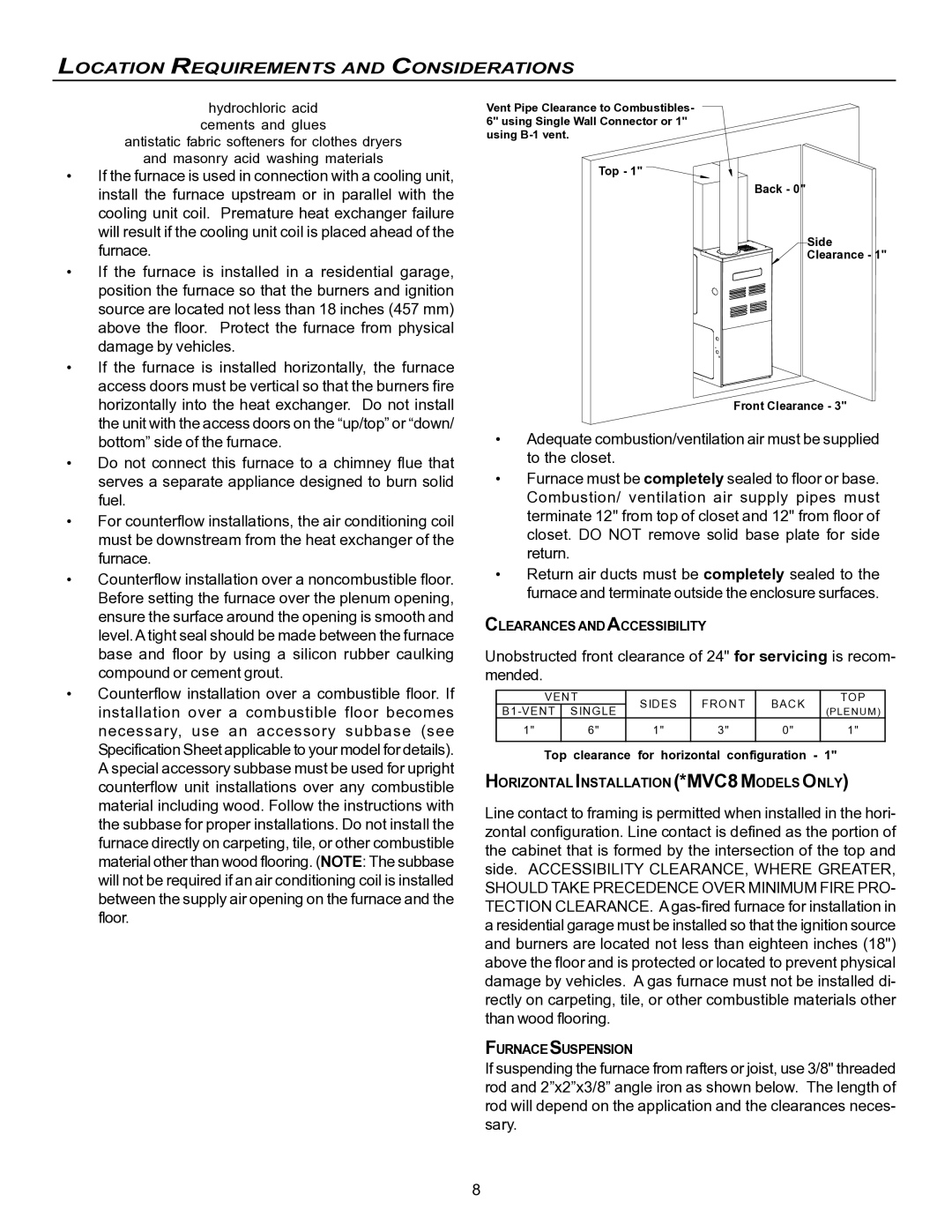 Goodman Mfg VC8 instruction manual Clearances and Accessibility 