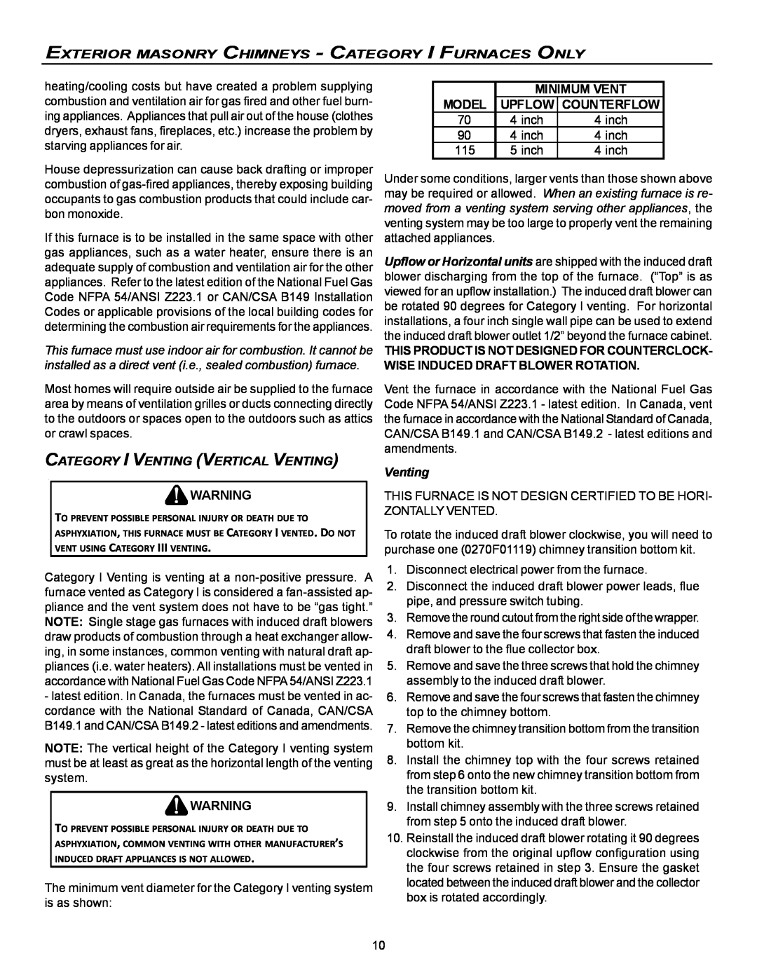 Goodman Mfg VC8 instruction manual Minimum Vent, Category I Venting Vertical Venting, Model, Upflow, Counterflow 