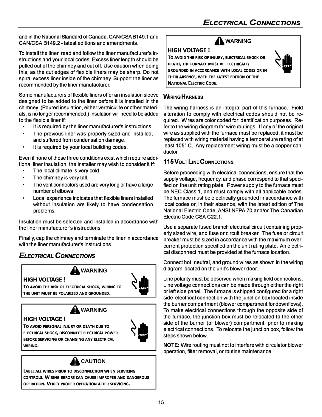Goodman Mfg VC8 instruction manual High Voltage, Electrical Connections 