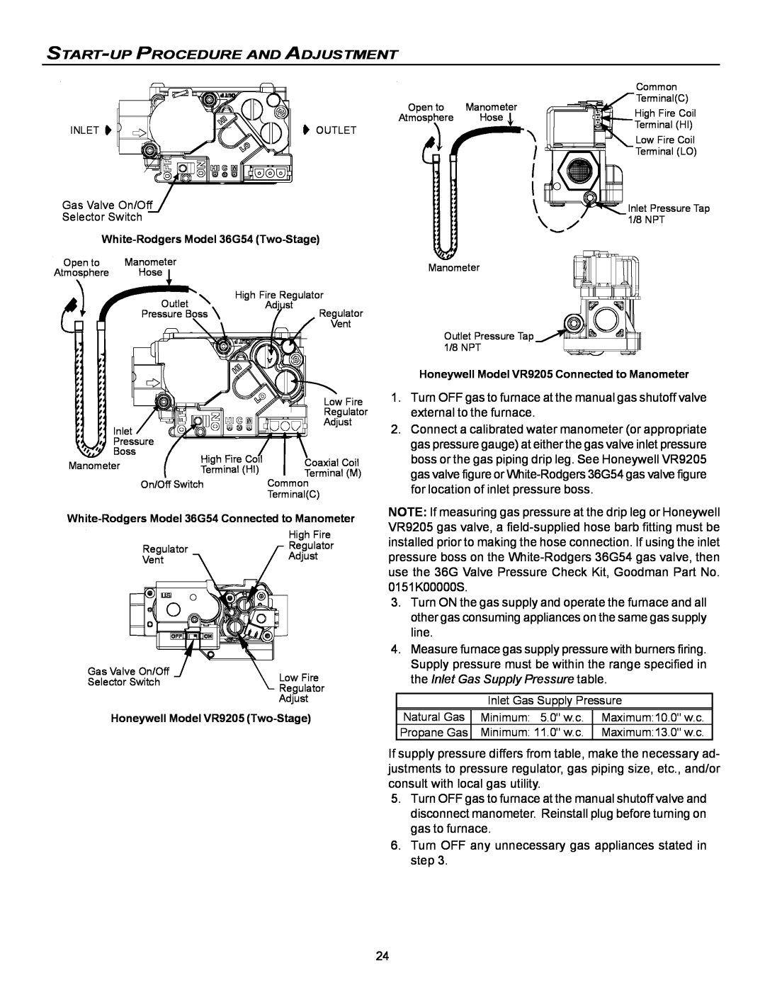 Goodman Mfg VC8 instruction manual Start-Up Procedure And Adjustment, Gas Valve On/Off Selector Switch 