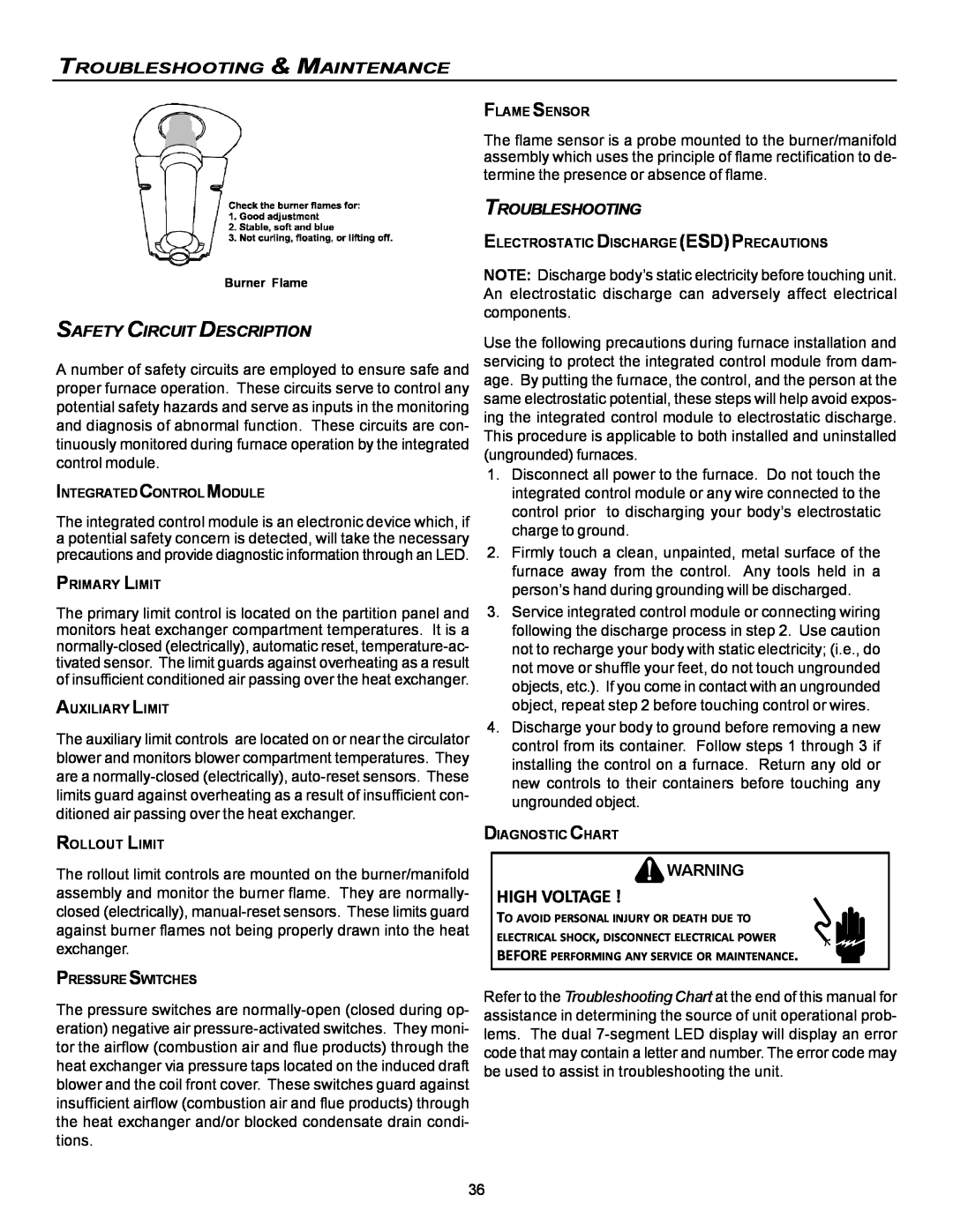 Goodman Mfg VC8 instruction manual High Voltage, Troubleshooting & Maintenance, Safety Circuit Description 