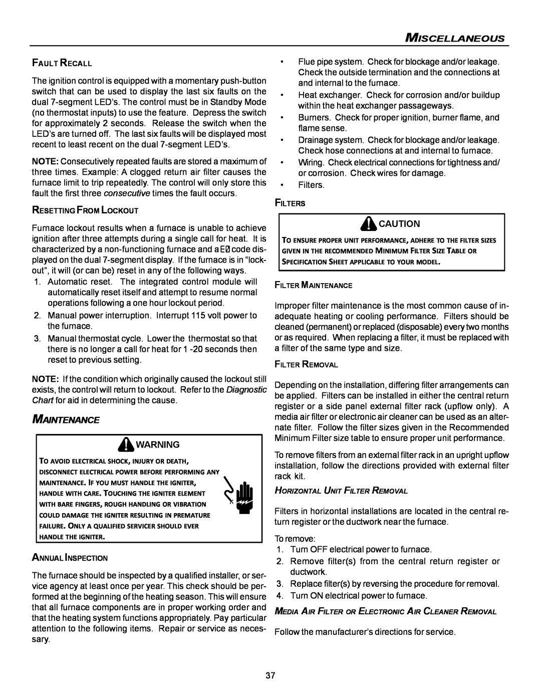 Goodman Mfg VC8 instruction manual Miscellaneous, Maintenance 