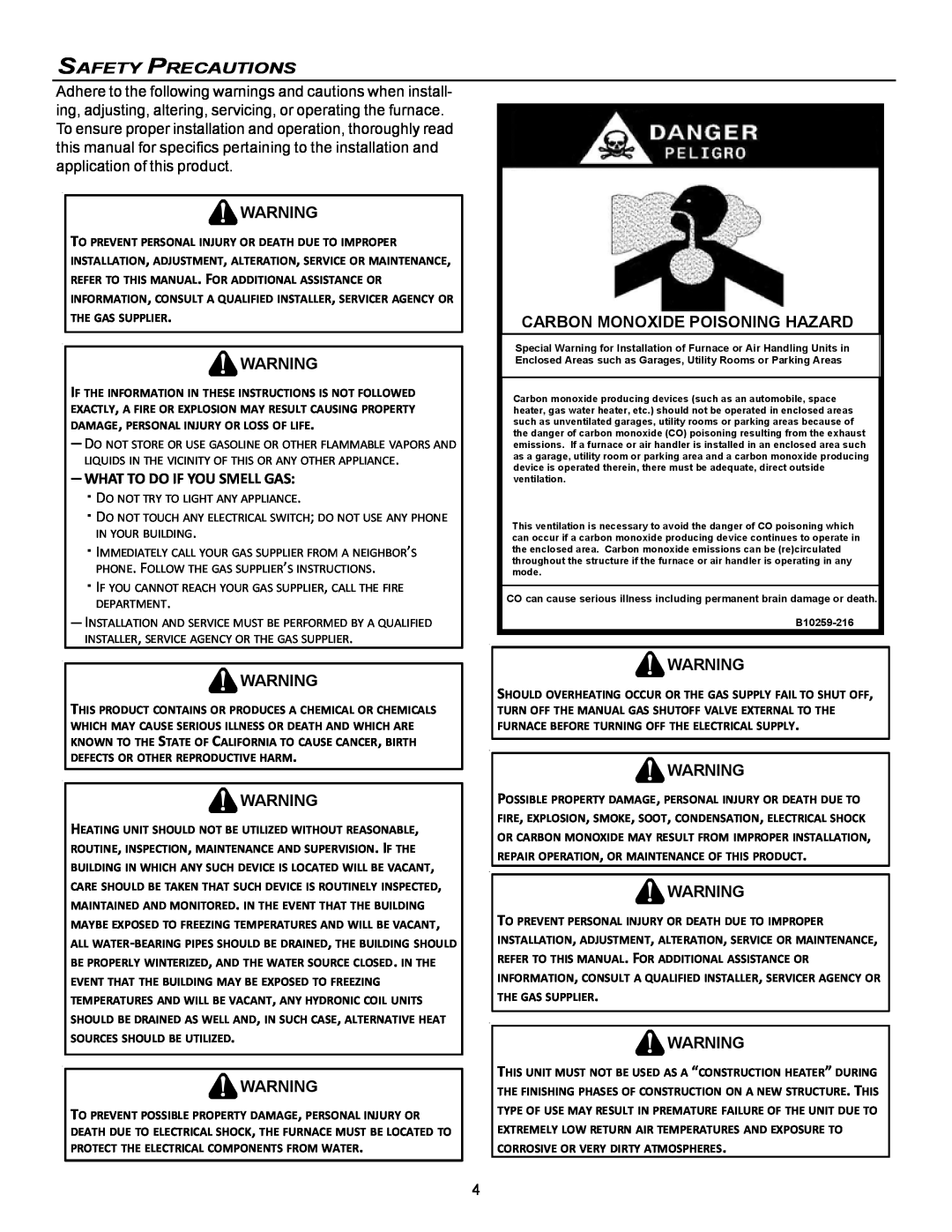 Goodman Mfg VC8 instruction manual Carbon Monoxide Poisoning Hazard, Safety Precautions, What To Do If You Smell Gas 