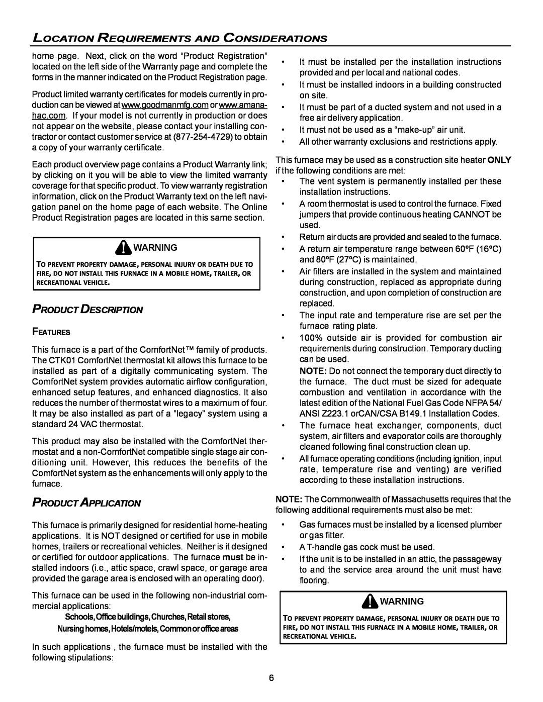 Goodman Mfg VC8 instruction manual Location Requirements And Considerations, Product Description, Product Application 