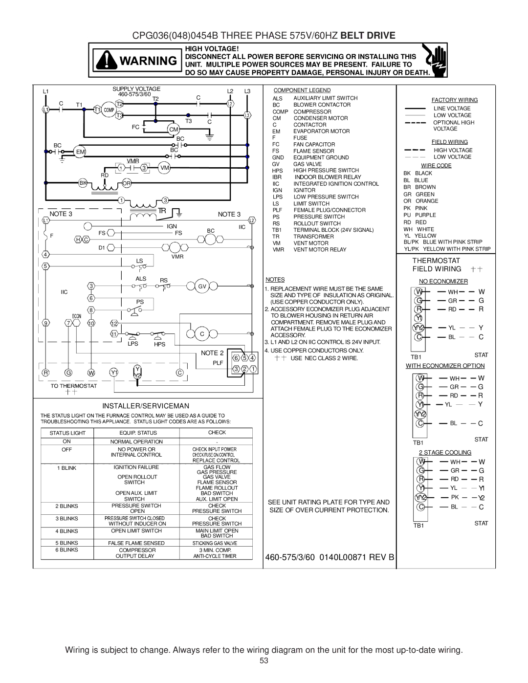 Goodmans CPG SERIES installation manual CPG0360480454B Three Phase 575V/60HZ Belt Drive, Vmr Ign 