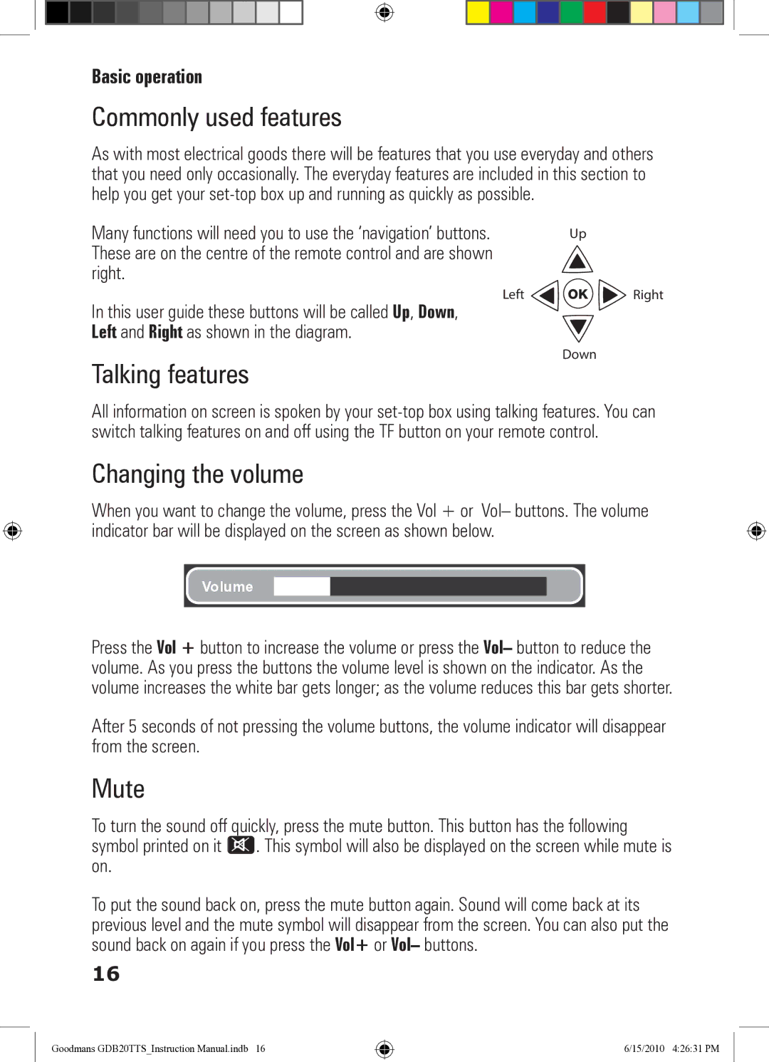 Goodmans GDB20TTS instruction manual Commonly used features, Talking features, Changing the volume, Mute 