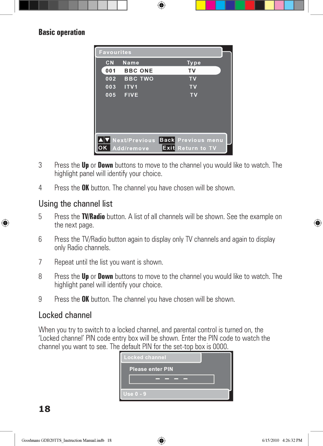 Goodmans GDB20TTS instruction manual Using the channel list, Locked channel 