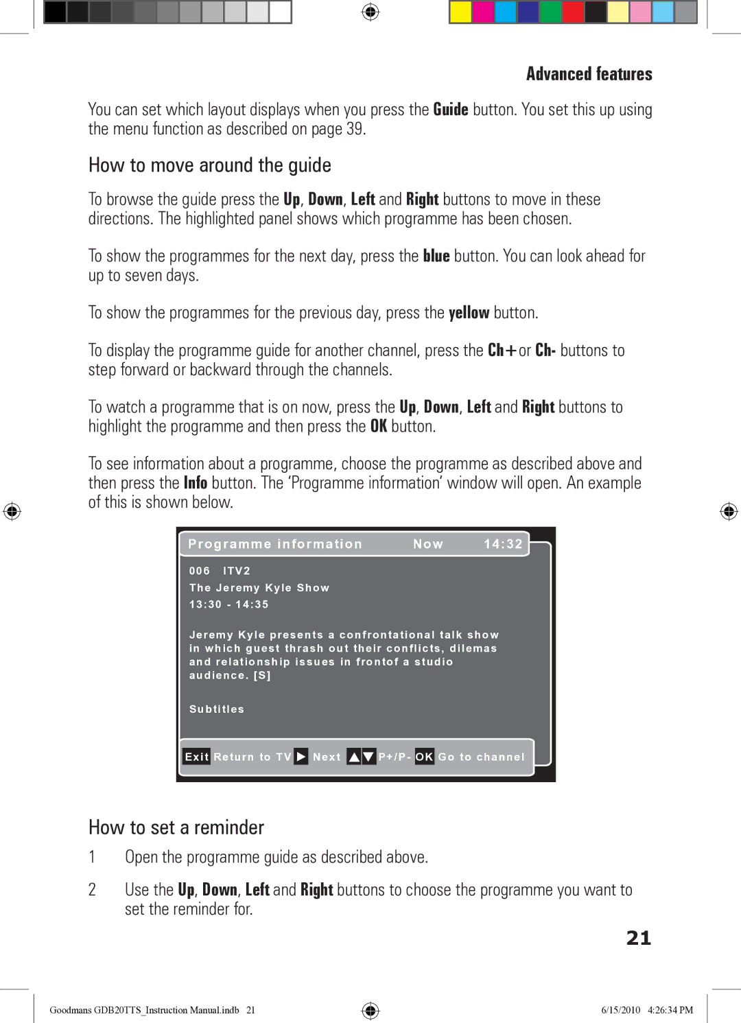 Goodmans GDB20TTS instruction manual How to move around the guide, How to set a reminder 