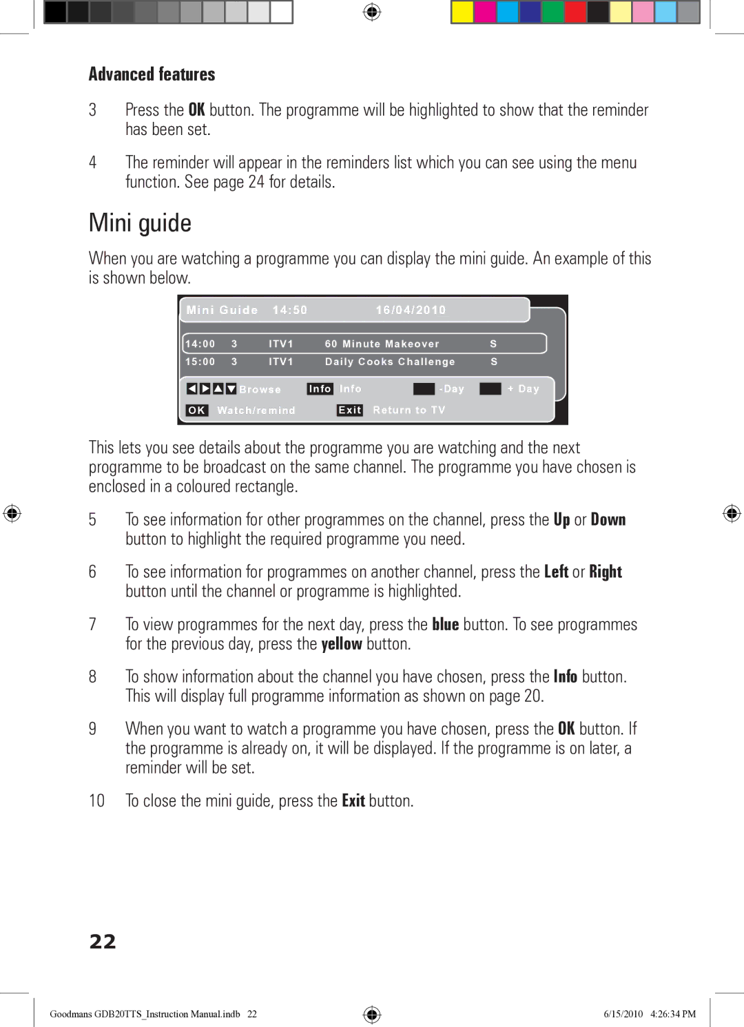 Goodmans GDB20TTS instruction manual Mini guide, Mini Guide 1450 16/04/2010 