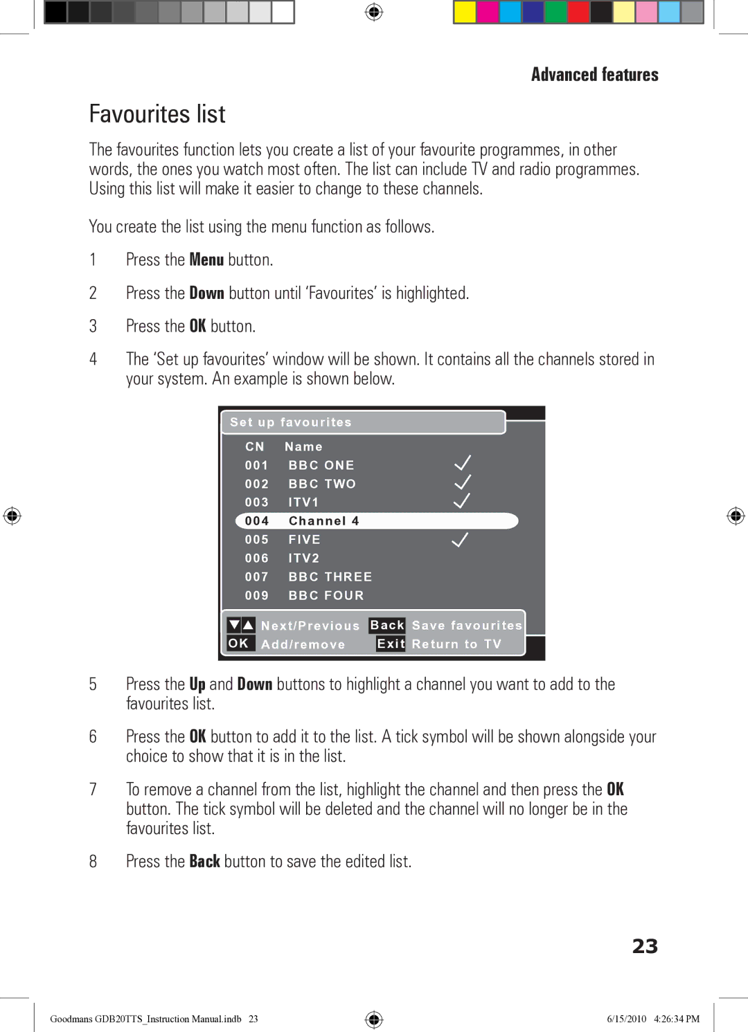 Goodmans GDB20TTS instruction manual Favourites list 