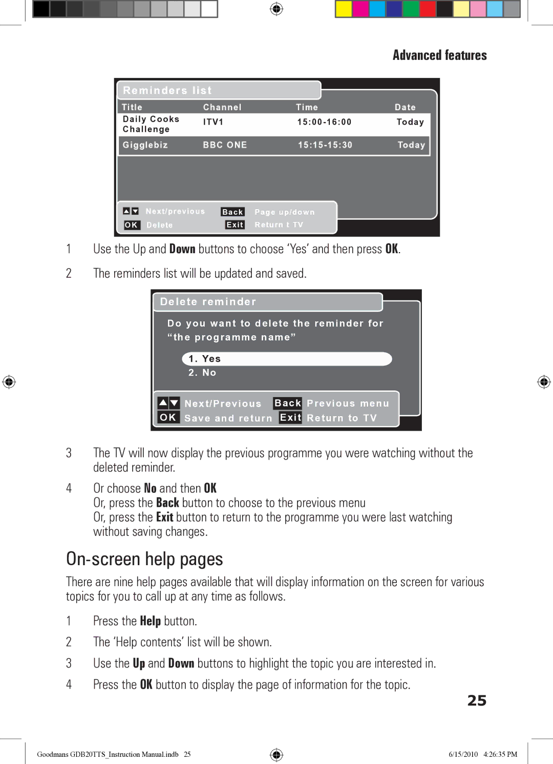 Goodmans GDB20TTS instruction manual On-screen help pages, Reminders list 