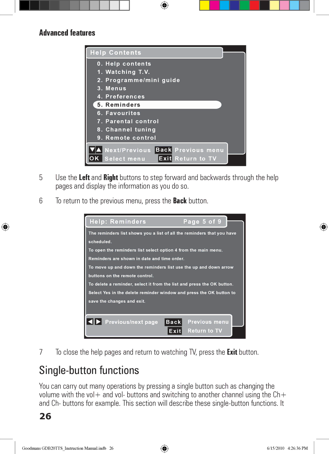 Goodmans GDB20TTS instruction manual Single-button functions, Help Contents 