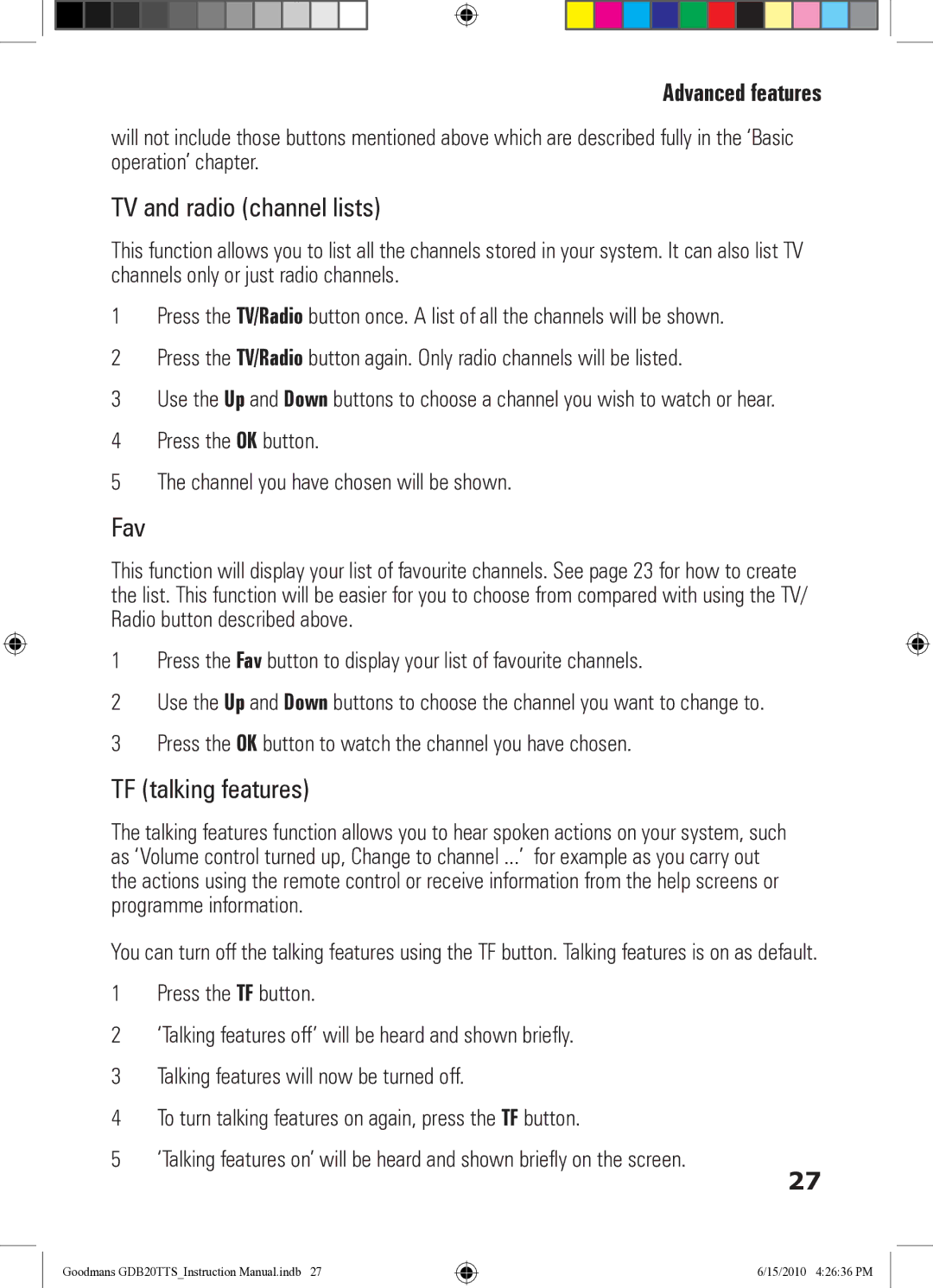 Goodmans GDB20TTS instruction manual TV and radio channel lists, Fav, TF talking features 