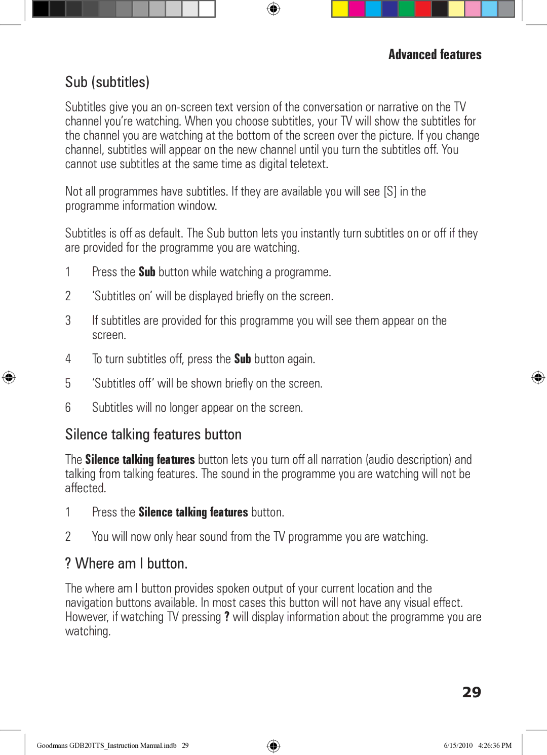 Goodmans GDB20TTS instruction manual Sub subtitles, Silence talking features button, ? Where am I button 