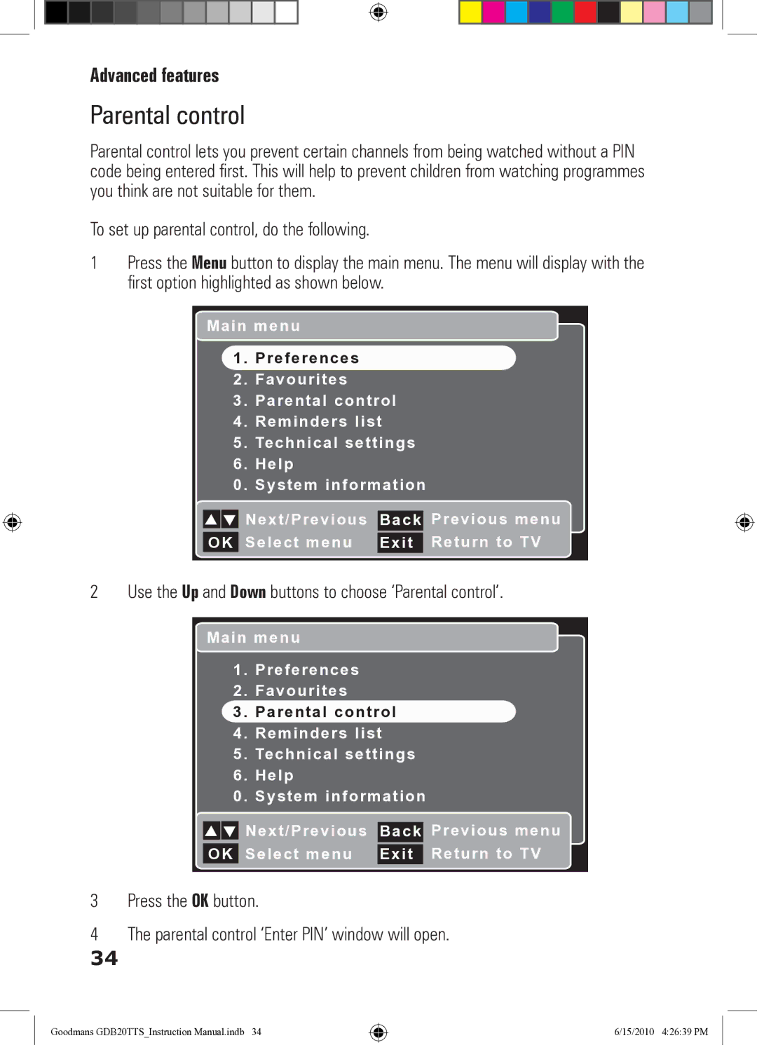 Goodmans GDB20TTS instruction manual Use the Up and Down buttons to choose ‘Parental control’ 